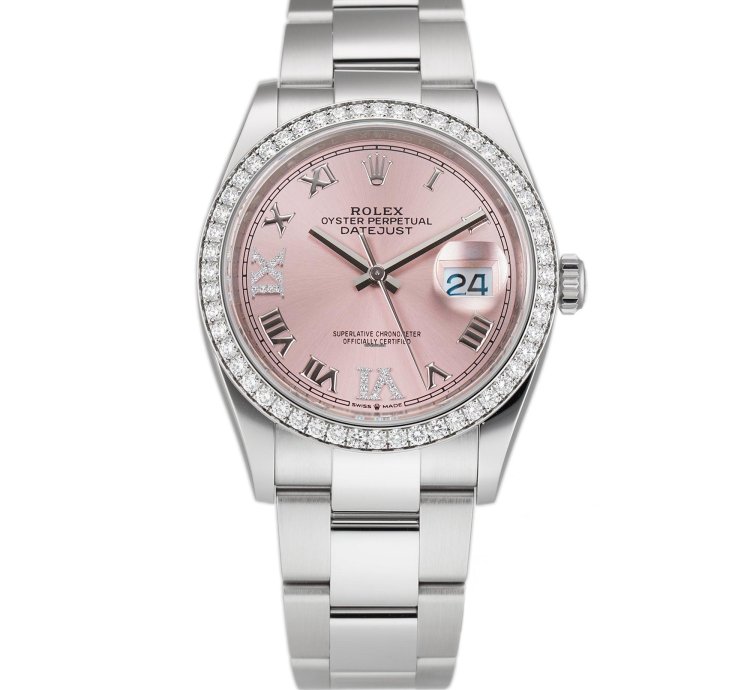 Rolex Datejust 36 36mm Steel Diamond Bezel Pink Roman Diamond Vi Ix Dial Oyster Bracelet