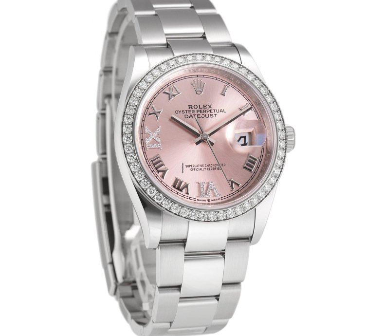 Rolex Datejust 36 36mm Steel Diamond Bezel Pink Roman Diamond Vi Ix Dial Oyster Bracelet