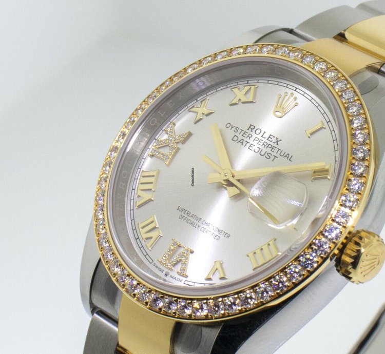 Rolex Datejust 36 36mm Yellow Gold Steel Silver Roman Dial Diamond Bezel 126283rbr