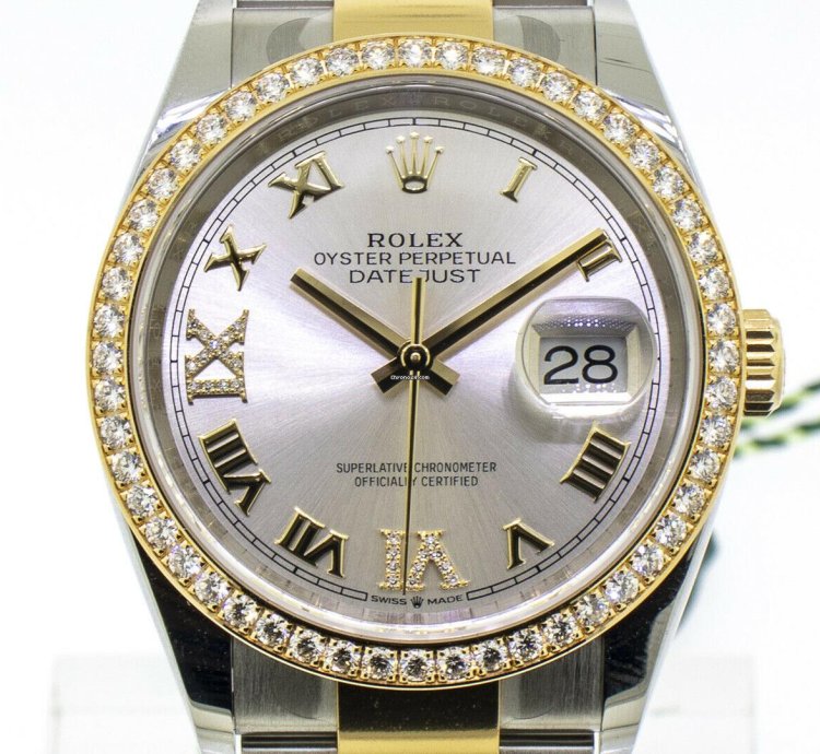 Rolex Datejust 36 36mm Yellow Gold Steel Silver Roman Dial Diamond Bezel 126283rbr