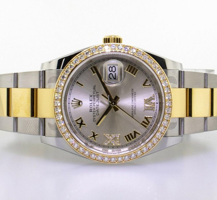 Rolex Datejust 36 36mm Yellow Gold Steel Silver Roman Dial Diamond Bezel 126283rbr