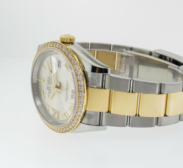 Rolex Datejust 36 36mm Yellow Gold Steel Silver Roman Dial Diamond Bezel 126283rbr