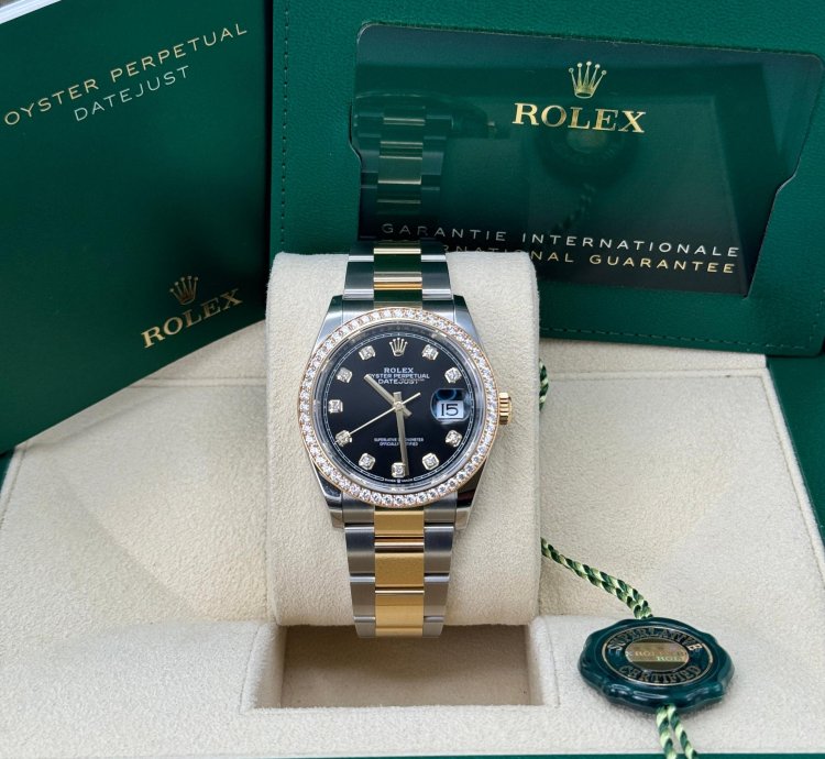 Rolex Datejust 36 New 2023 Black Diamond Dial Diamond Bezel Two Tone Yellow Gold Oyster