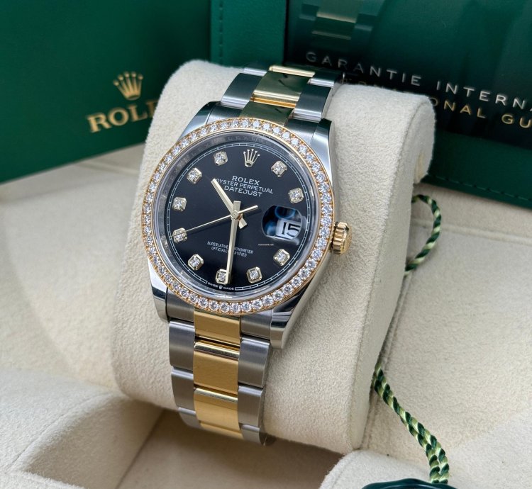 Rolex Datejust 36 New 2023 Black Diamond Dial Diamond Bezel Two Tone Yellow Gold Oyster