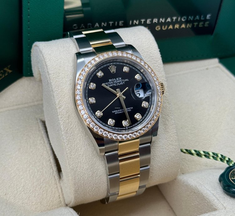 Rolex Datejust 36 New 2023 Black Diamond Dial Diamond Bezel Two Tone Yellow Gold Oyster