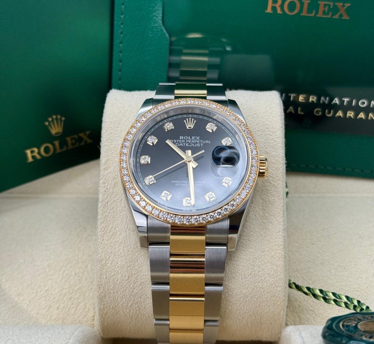 Rolex Datejust 36 New 2023 Black Diamond Dial Diamond Bezel Two Tone Yellow Gold Oyster
