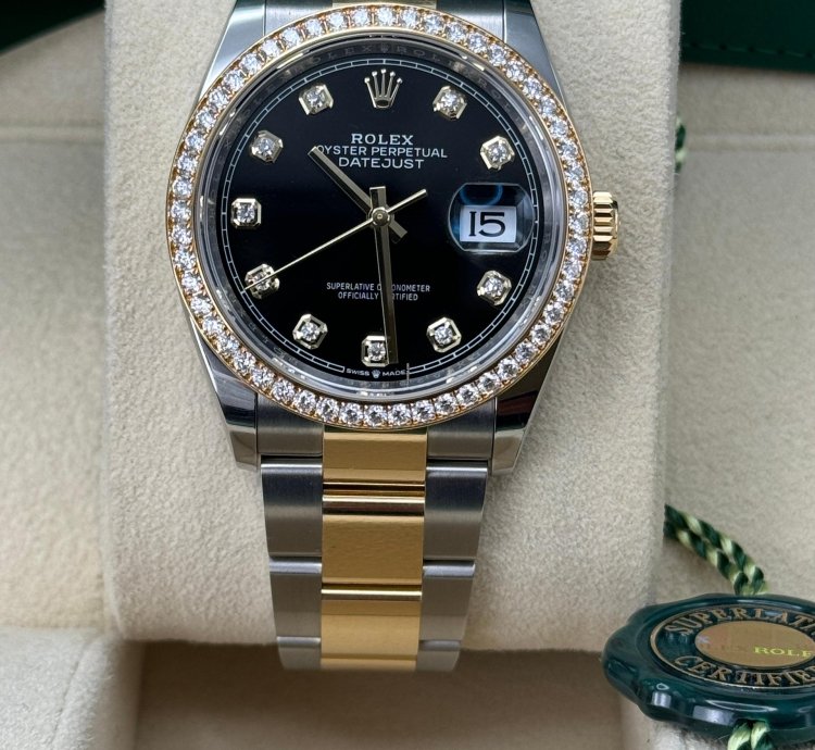 Rolex Datejust 36 New 2023 Black Diamond Dial Diamond Bezel Two Tone Yellow Gold Oyster