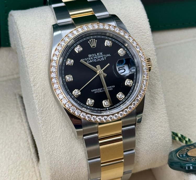 Rolex Datejust 36 New 2023 Black Diamond Dial Diamond Bezel Two Tone Yellow Gold Oyster