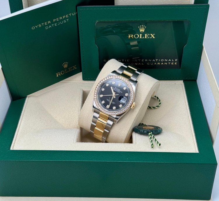 Rolex Datejust 36 New 2023 Black Diamond Dial Diamond Bezel Two Tone Yellow Gold Oyster