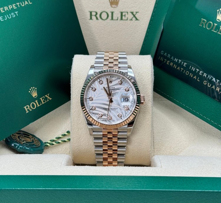 Rolex Datejust 36 New 2023 Silver Palm Motif Diamond Dial Fluted Two Tone Rose Gold Jubilee
