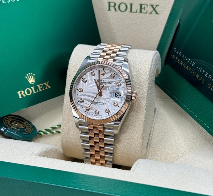 Rolex Datejust 36 New 2023 Silver Palm Motif Diamond Dial Fluted Two Tone Rose Gold Jubilee