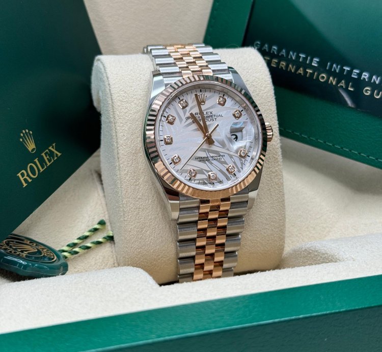 Rolex Datejust 36 New 2023 Silver Palm Motif Diamond Dial Fluted Two Tone Rose Gold Jubilee