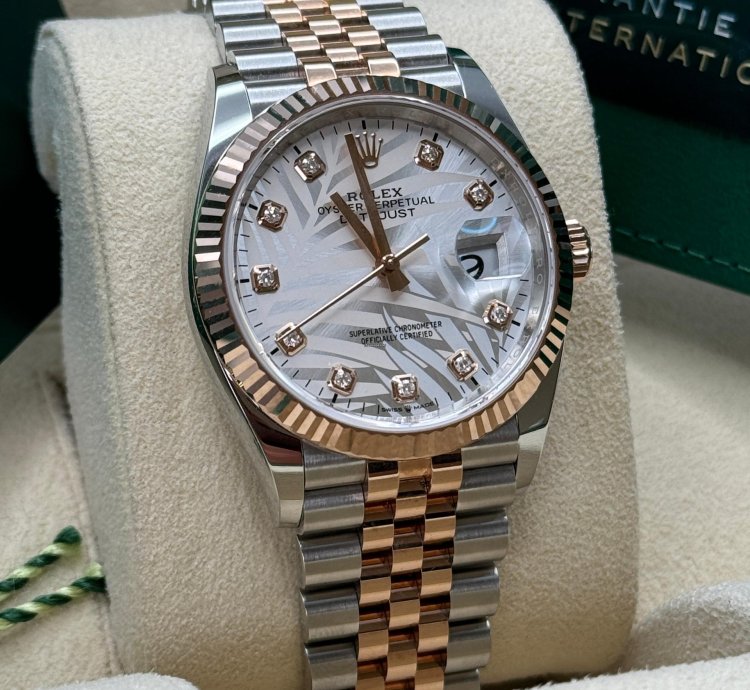Rolex Datejust 36 New 2023 Silver Palm Motif Diamond Dial Fluted Two Tone Rose Gold Jubilee