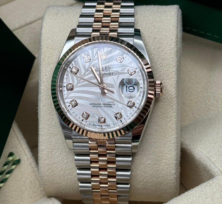 Rolex Datejust 36 New 2023 Silver Palm Motif Diamond Dial Fluted Two Tone Rose Gold Jubilee