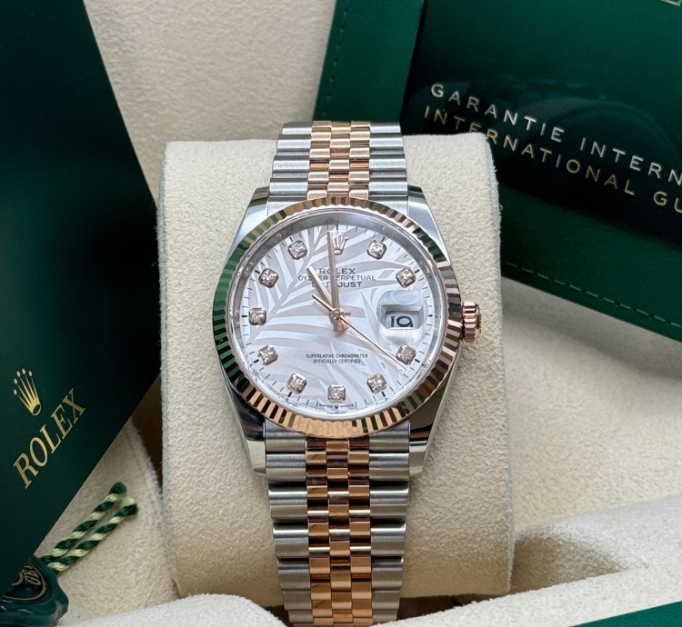 Rolex Datejust 36 New 2023 Silver Palm Motif Diamond Dial Fluted Two Tone Rose Gold Jubilee