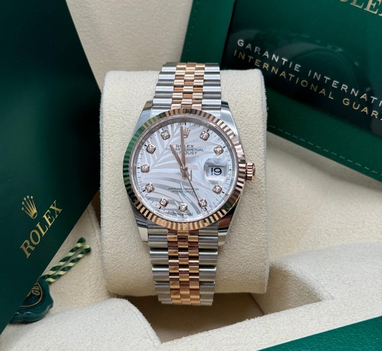 Rolex Datejust 36 New 2023 Silver Palm Motif Diamond Dial Fluted Two Tone Rose Gold Jubilee