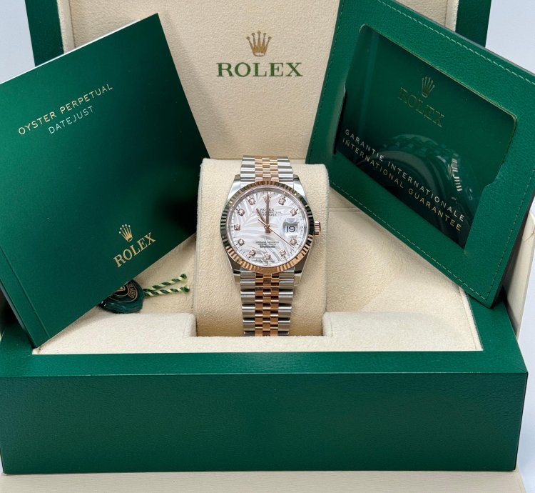 Rolex Datejust 36 New 2023 Silver Palm Motif Diamond Dial Fluted Two Tone Rose Gold Jubilee