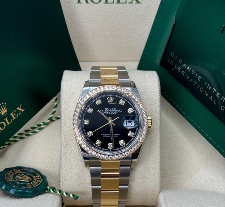 Rolex Datejust 36 New 2024 Black Diamond Dial Diamond Bezel Two Tone Yellow Gold Oyster