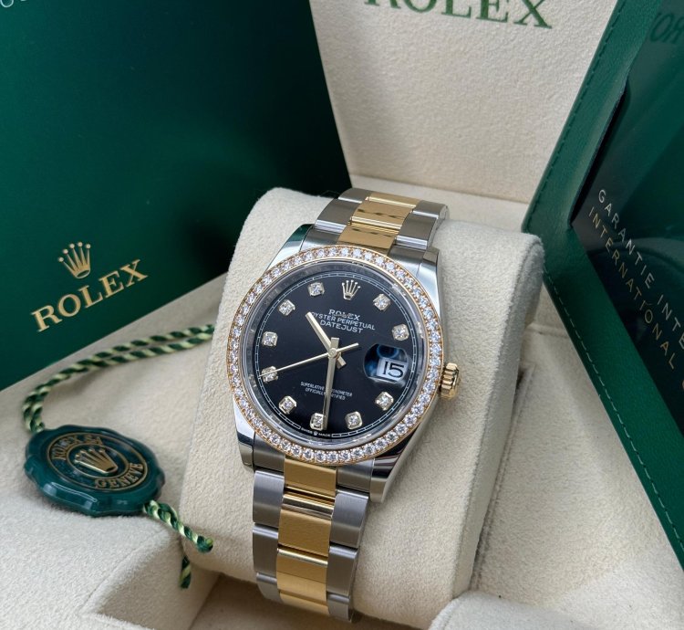 Rolex Datejust 36 New 2024 Black Diamond Dial Diamond Bezel Two Tone Yellow Gold Oyster