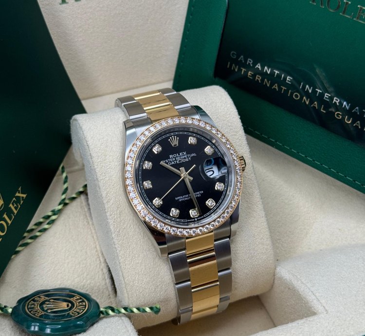 Rolex Datejust 36 New 2024 Black Diamond Dial Diamond Bezel Two Tone Yellow Gold Oyster