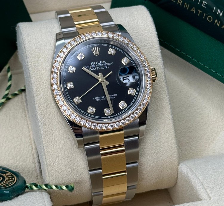 Rolex Datejust 36 New 2024 Black Diamond Dial Diamond Bezel Two Tone Yellow Gold Oyster