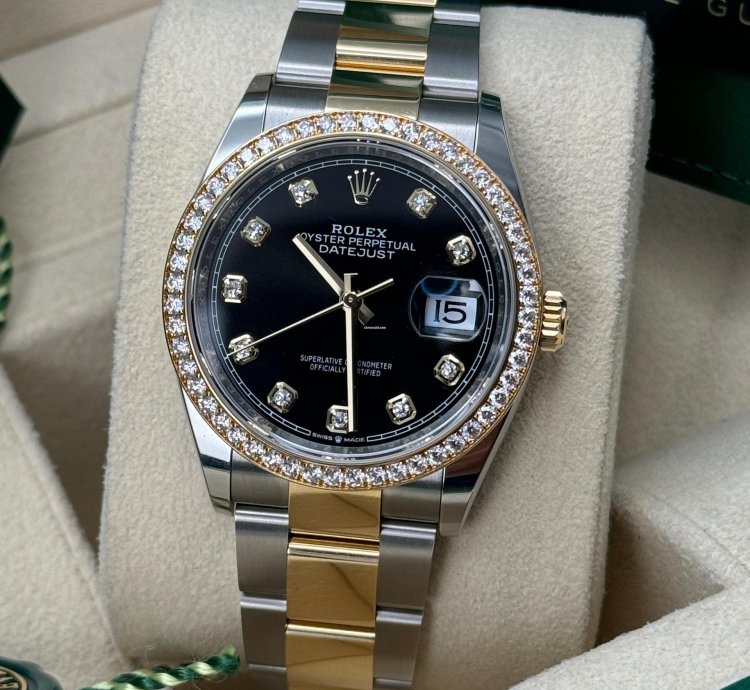 Rolex Datejust 36 New 2024 Black Diamond Dial Diamond Bezel Two Tone Yellow Gold Oyster