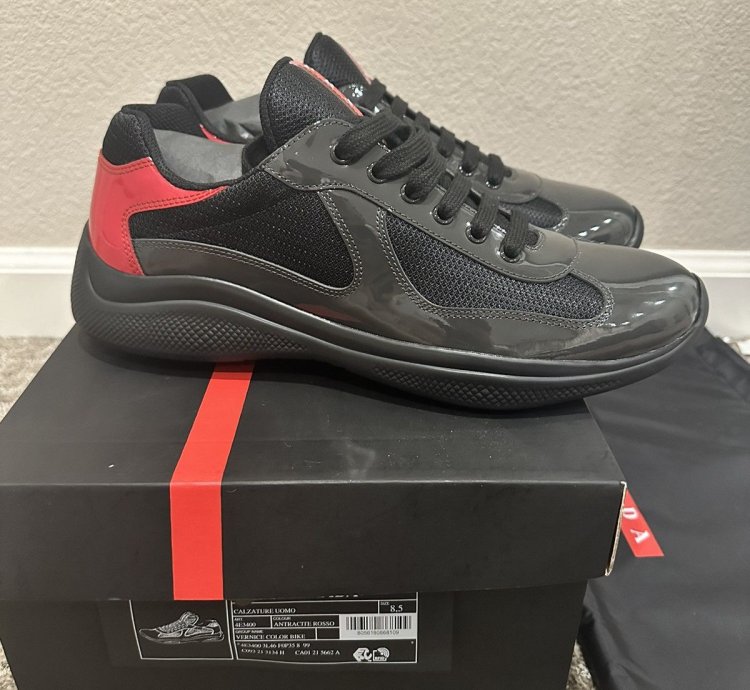 Prada Americas Cup Anthracite Black Red Leather Sneakers