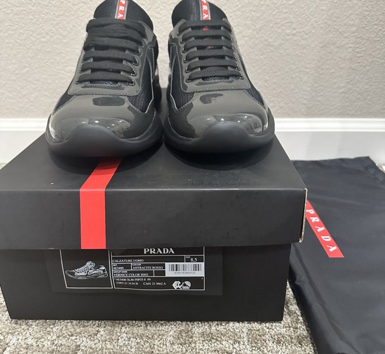 Prada Americas Cup Anthracite Black Red Leather Sneakers