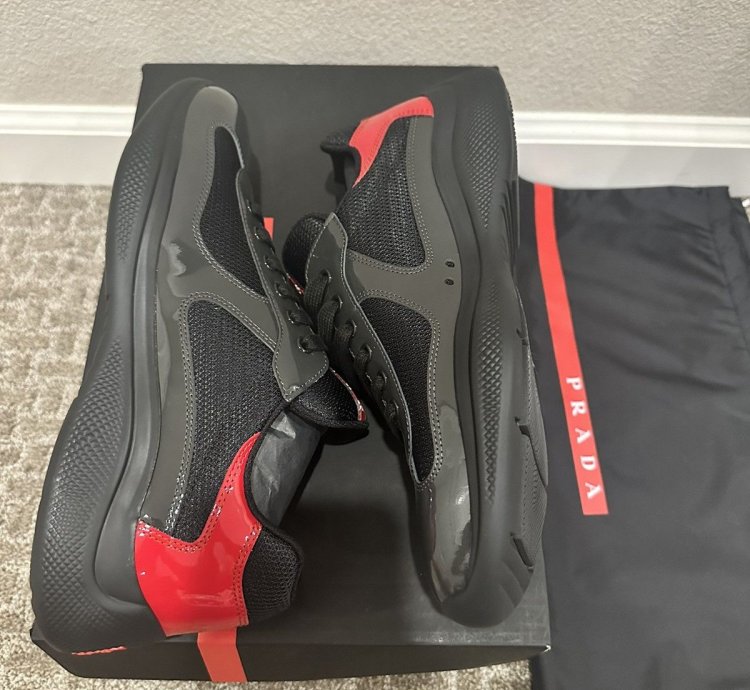 Prada Americas Cup Anthracite Black Red Leather Sneakers