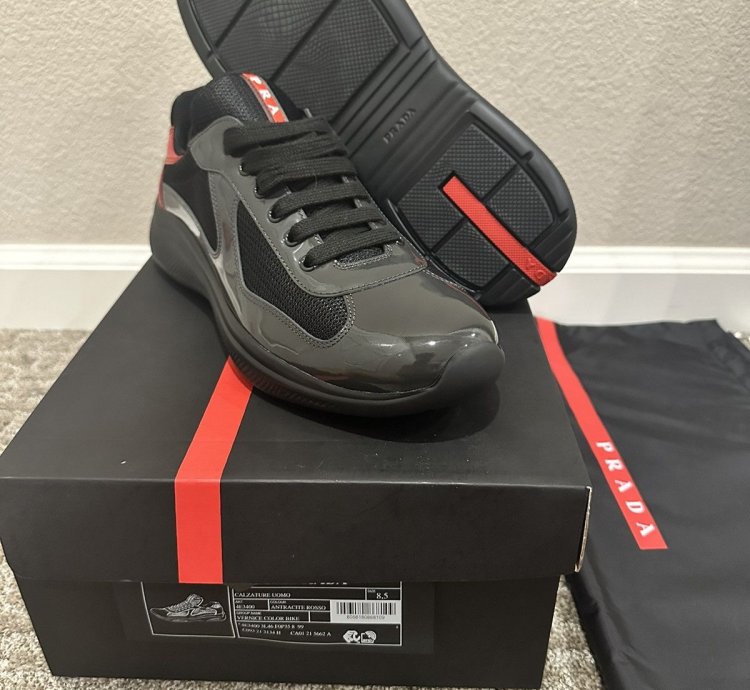 Prada Americas Cup Anthracite Black Red Leather Sneakers