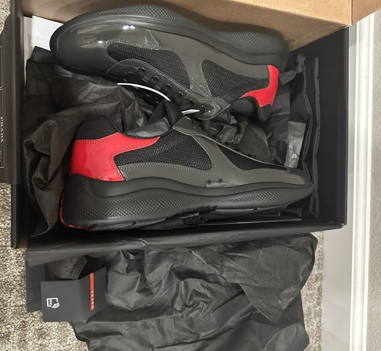 Prada Americas Cup Anthracite Black Red Leather Sneakers