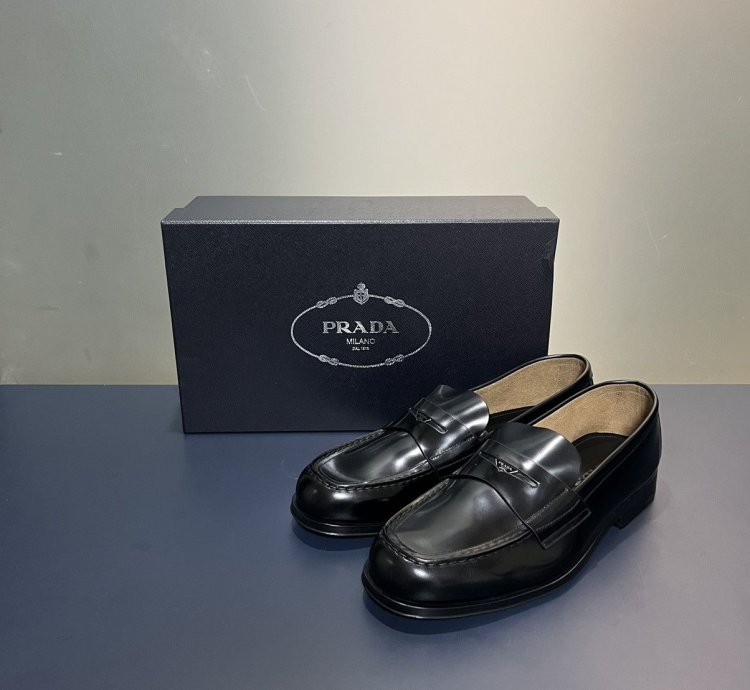 Prada Black Shiny Leather Penny Loafers