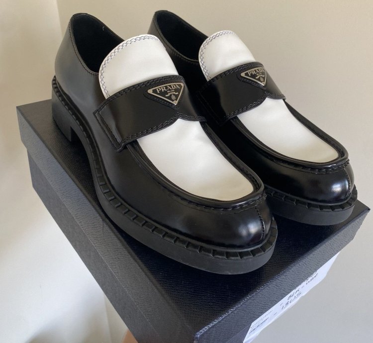 Prada Brushed Leather Logo Loafers Chocolate White