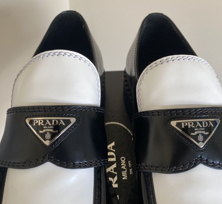 Prada Brushed Leather Logo Loafers Chocolate White