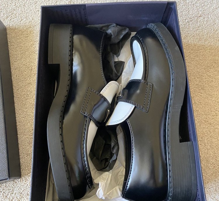 Prada Brushed Leather Logo Loafers Chocolate White