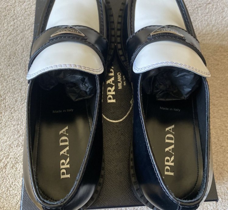 Prada Brushed Leather Logo Loafers Chocolate White