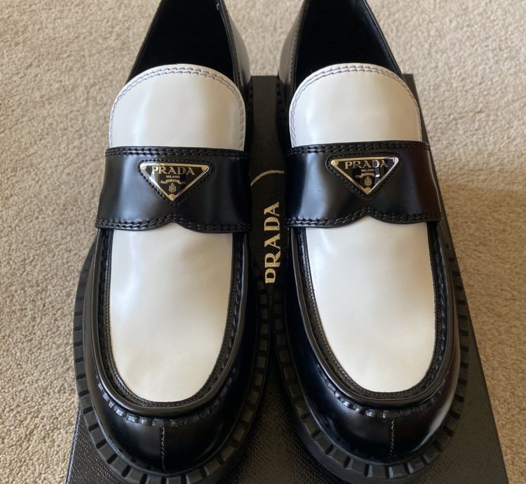 Prada Brushed Leather Logo Loafers Chocolate White