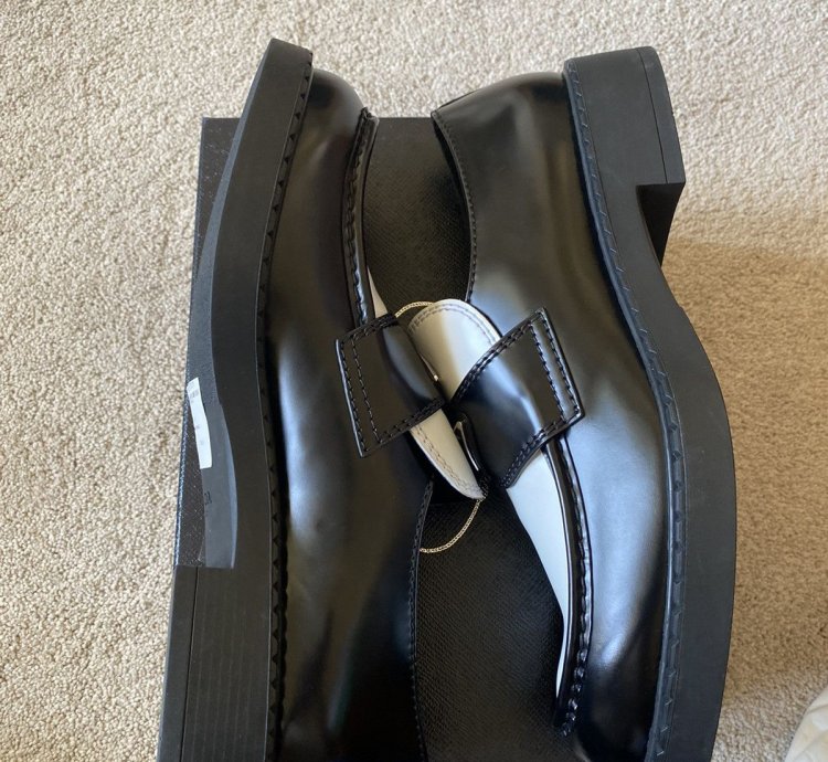 Prada Brushed Leather Logo Loafers Chocolate White