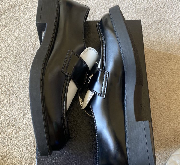 Prada Brushed Leather Logo Loafers Chocolate White