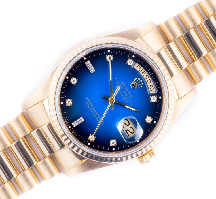 Rolex Day-date 36 Blue Vignette Diamond 18238 1988 full Set