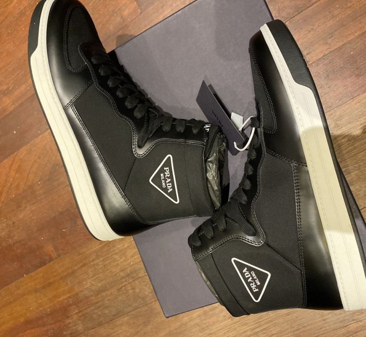 Prada High Top Leather And Nylon Sneakers