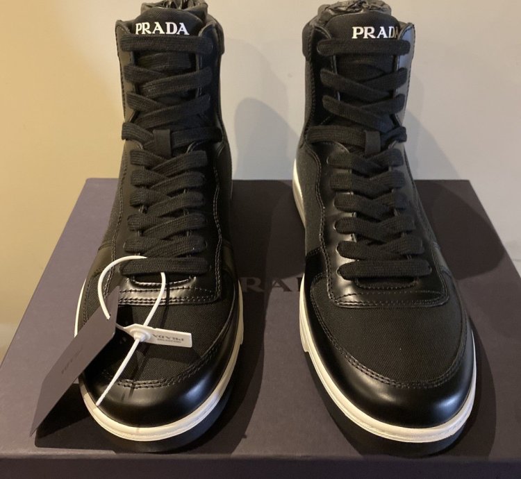 Prada High Top Leather And Nylon Sneakers