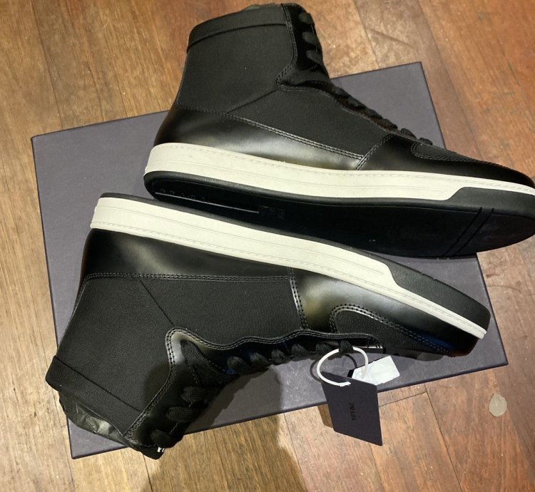 Prada High Top Leather And Nylon Sneakers