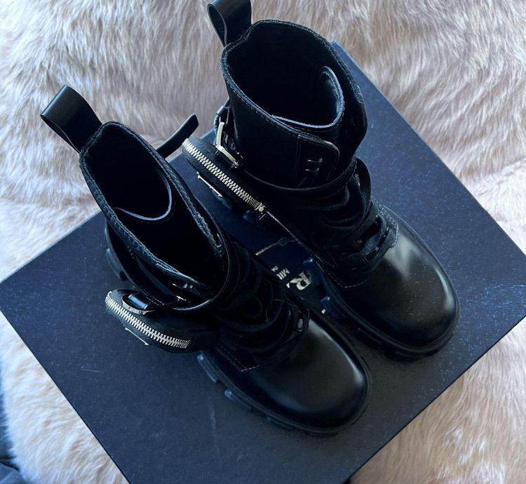 Prada Leather And Nylon Platform Combat Boots With Pouches