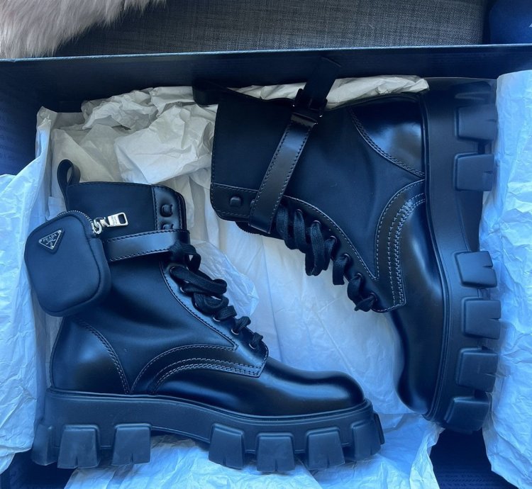 Prada Leather And Nylon Platform Combat Boots With Pouches