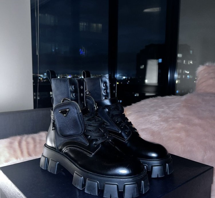 Prada Leather And Nylon Platform Combat Boots With Pouches