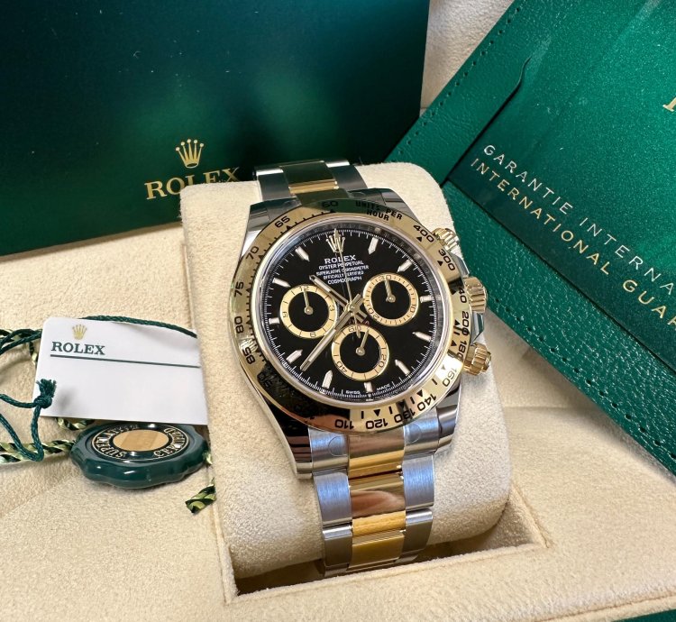 Rolex Daytona New 2024 Black Dial Yellow Subdials Two Tone Yellow Gold Oyster Chronograph