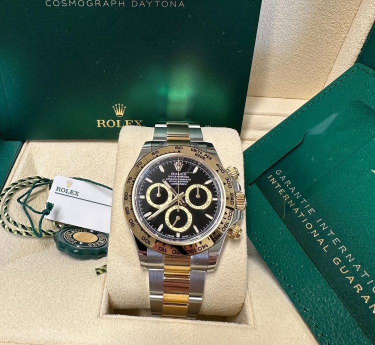 Rolex Daytona New 2024 Black Dial Yellow Subdials Two Tone Yellow Gold Oyster Chronograph