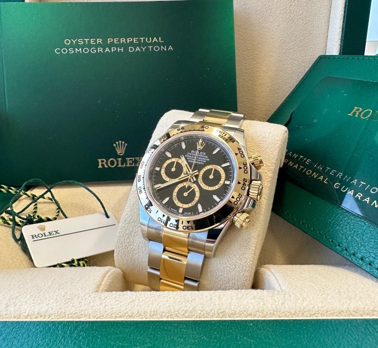Rolex Daytona New 2024 Black Dial Yellow Subdials Two Tone Yellow Gold Oyster Chronograph