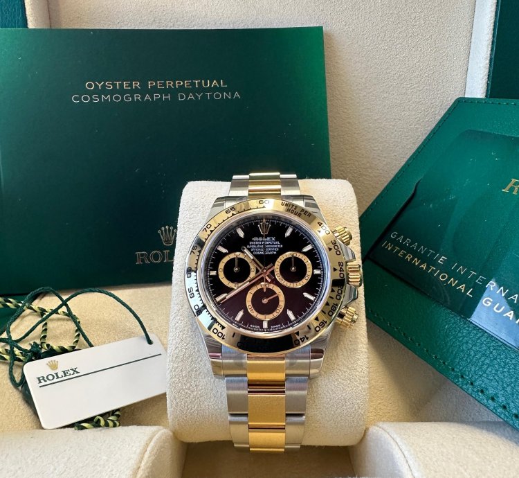 Rolex Daytona New 2024 Black Dial Yellow Subdials Two Tone Yellow Gold Oyster Chronograph